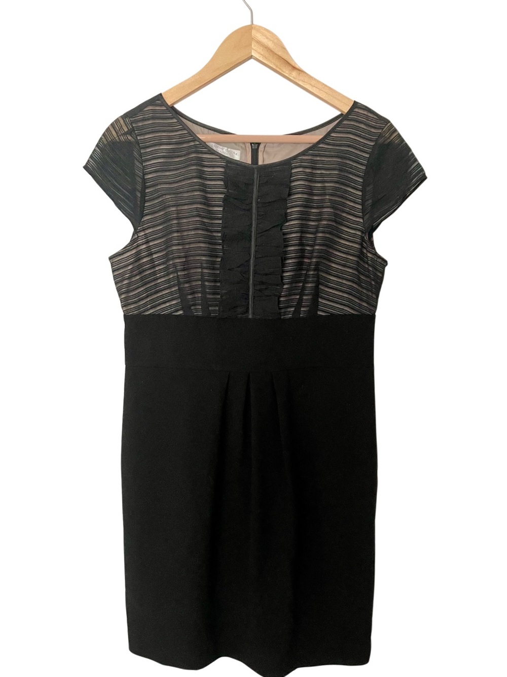 London Times Black Midi Dress with Striped Mesh Bodice